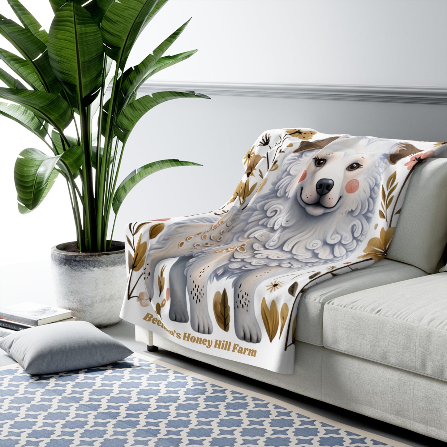 Great Pyrenees Cozy Sherpa Fleece Blanket with Floral Design - Perfect for Home Decor and Gifting