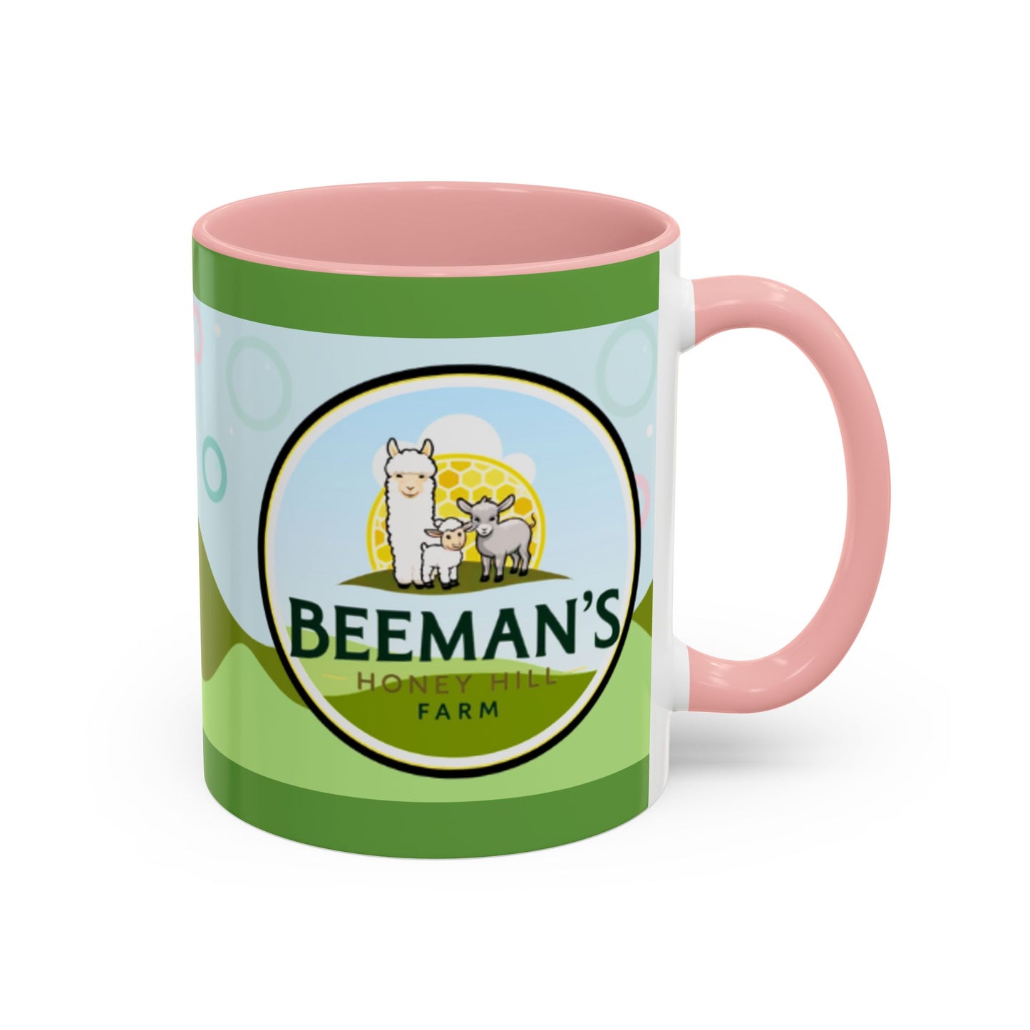 Coffee Mug - Beeman's Honey Hill Farm Logo featuring Chili Pie the Alpaca, Mini Donkey, and Sheep