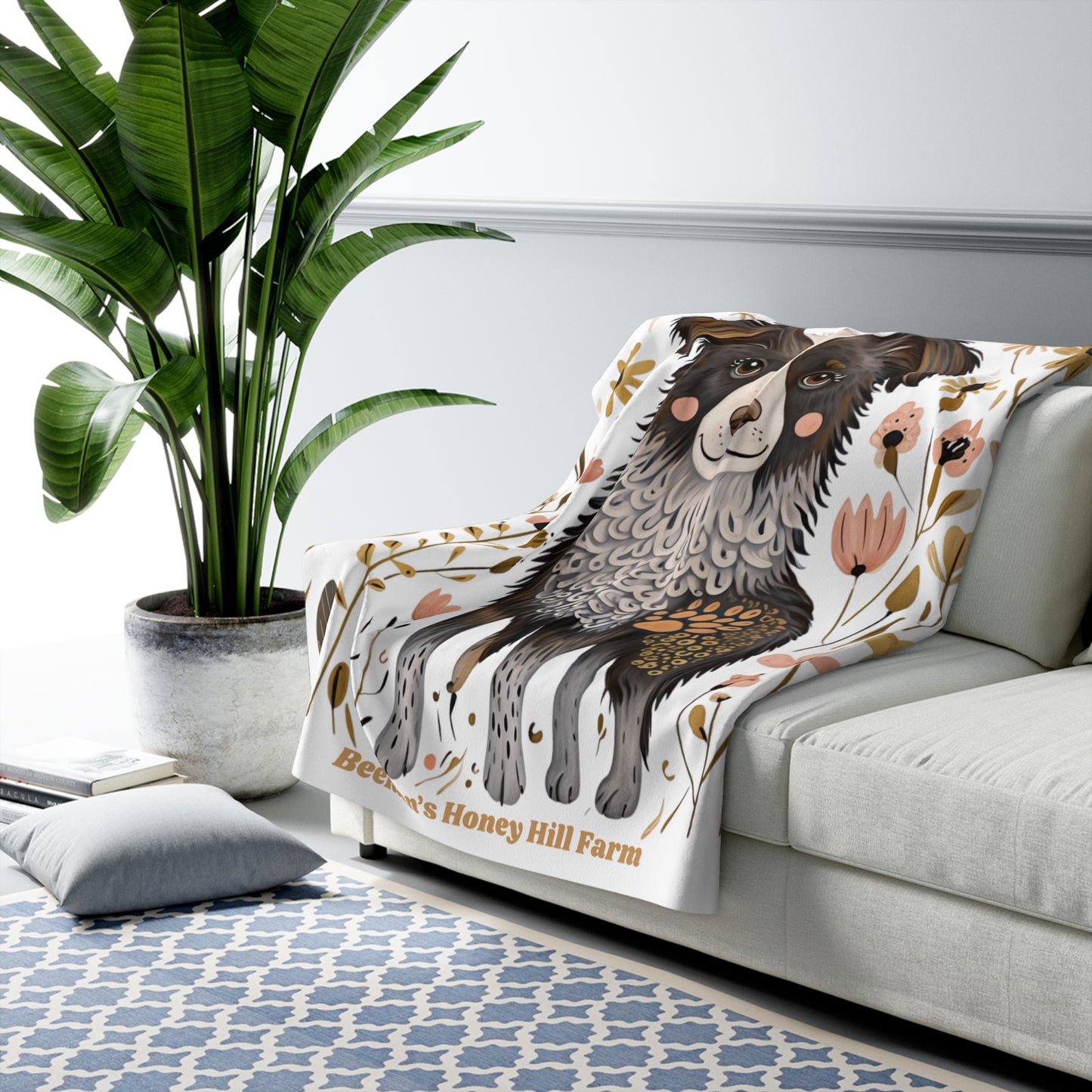 Border Collie Cozy Sherpa Fleece Blanket with Floral Design - Perfect for Home Decor and Gifting
