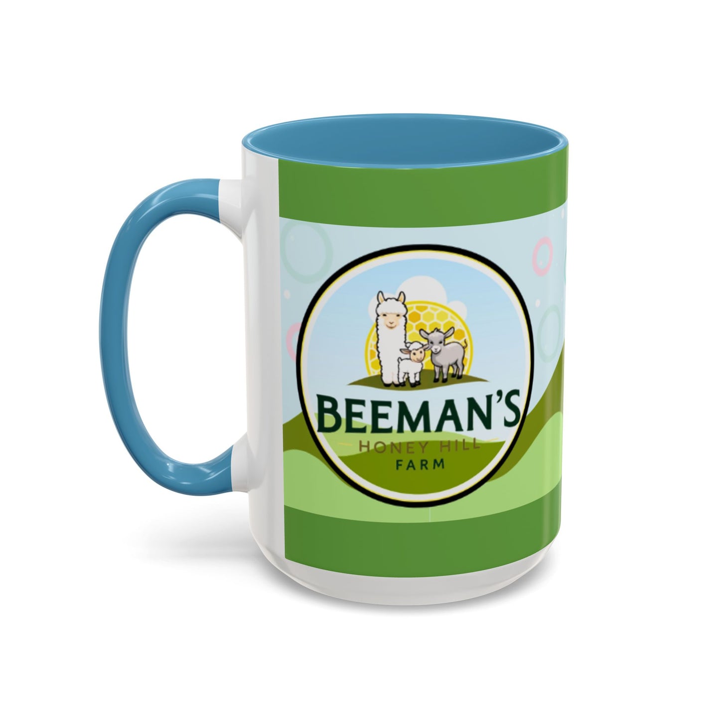Coffee Mug - Beeman's Honey Hill Farm Logo featuring Chili Pie the Alpaca, Mini Donkey, and Sheep
