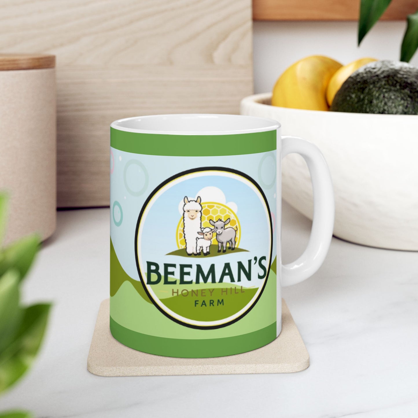 Mug - Beeman's Honey Hill Farm Alpaca Mini Donkey Sheep Logo Coffee Mug
