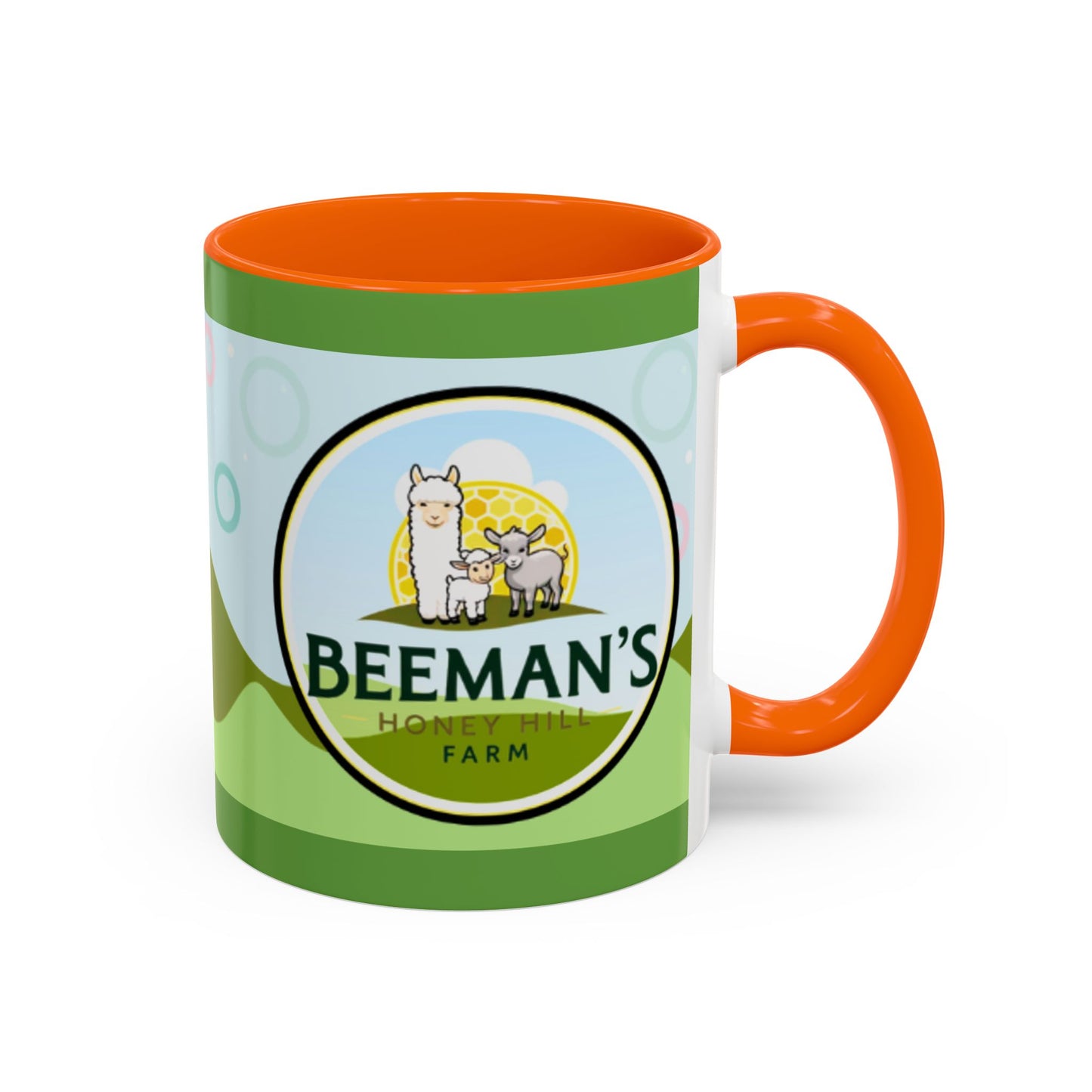 Coffee Mug - Beeman's Honey Hill Farm Logo featuring Chili Pie the Alpaca, Mini Donkey, and Sheep