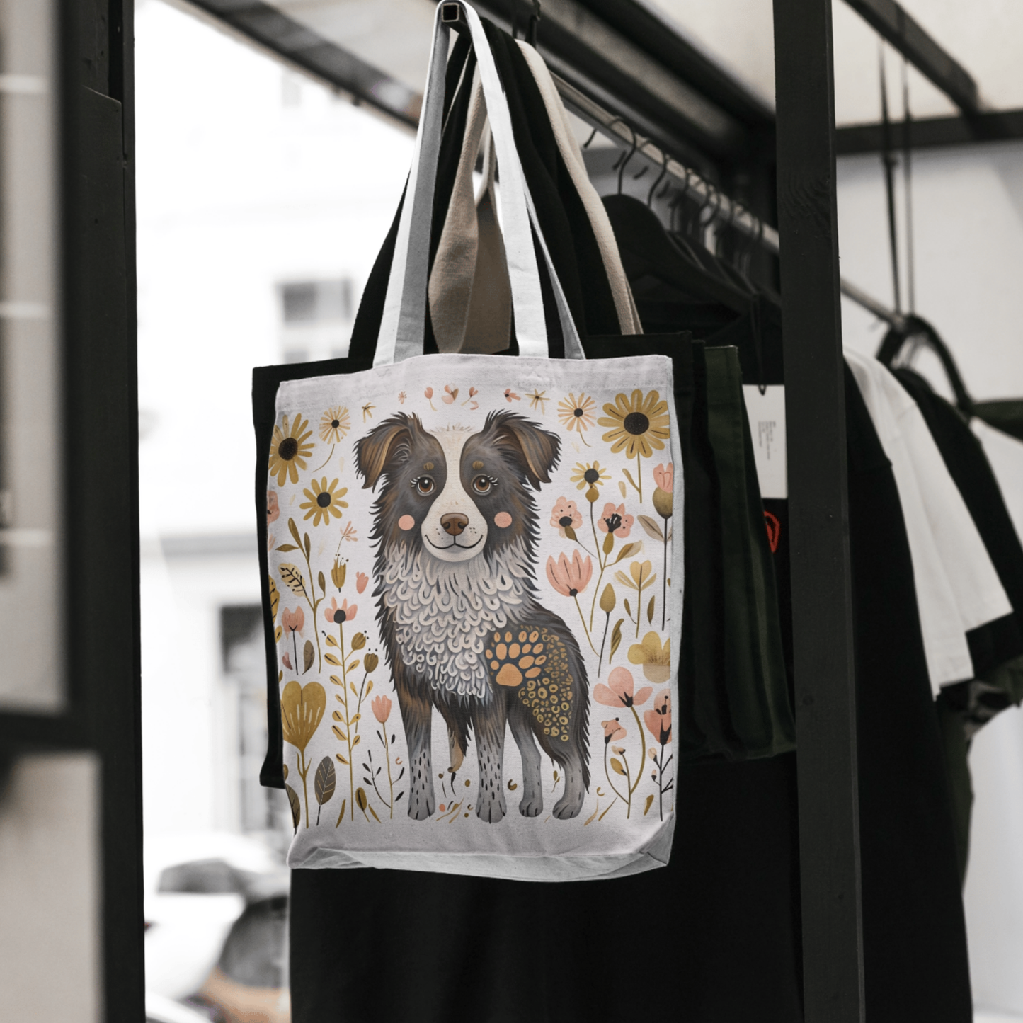 Folk Art Border Collie Tote Bag for Animal Lovers | Fun & Stylish Shopping Bag