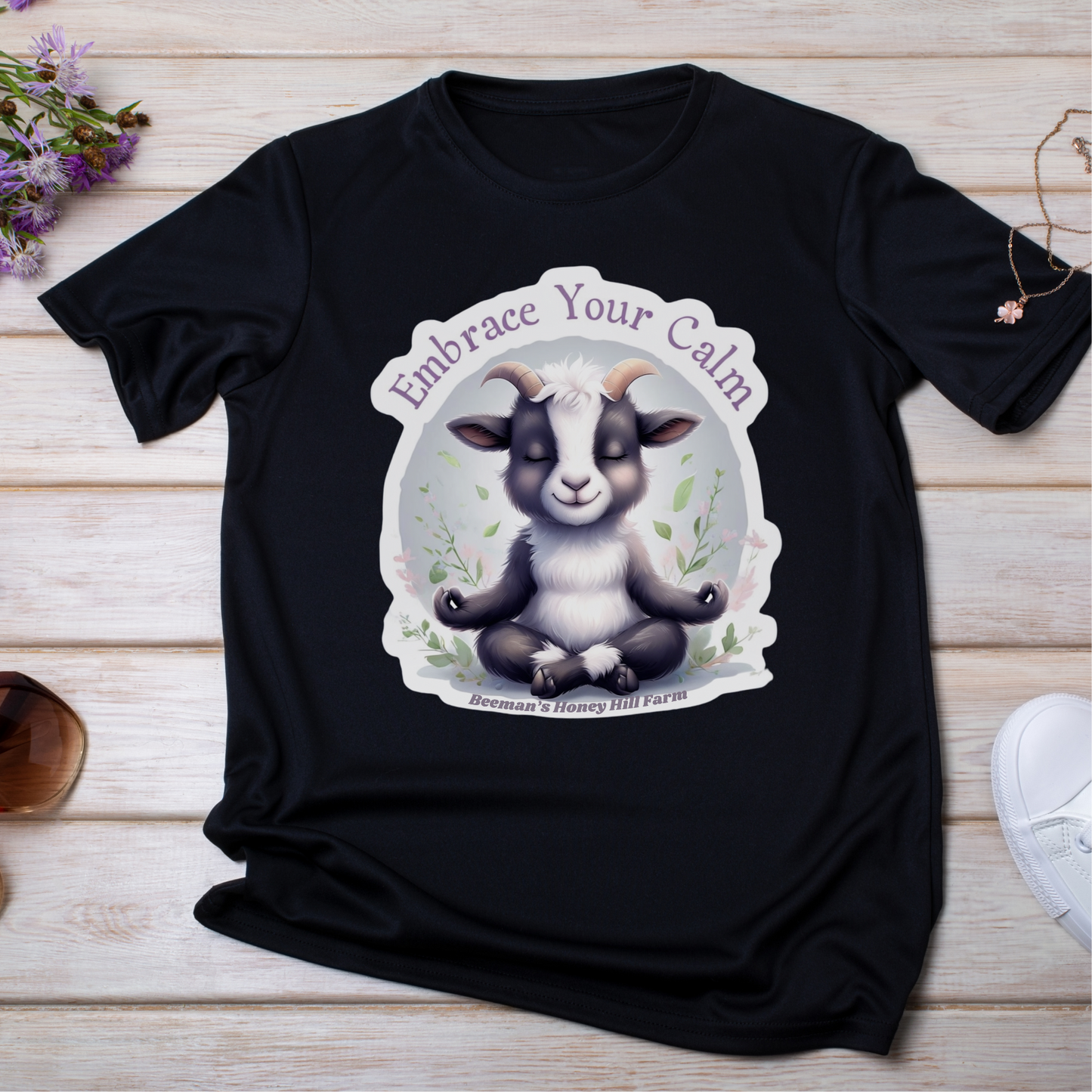 Goat T-Shirt - Beeman's Honey Hill Farm Embrace Your Calm Design
