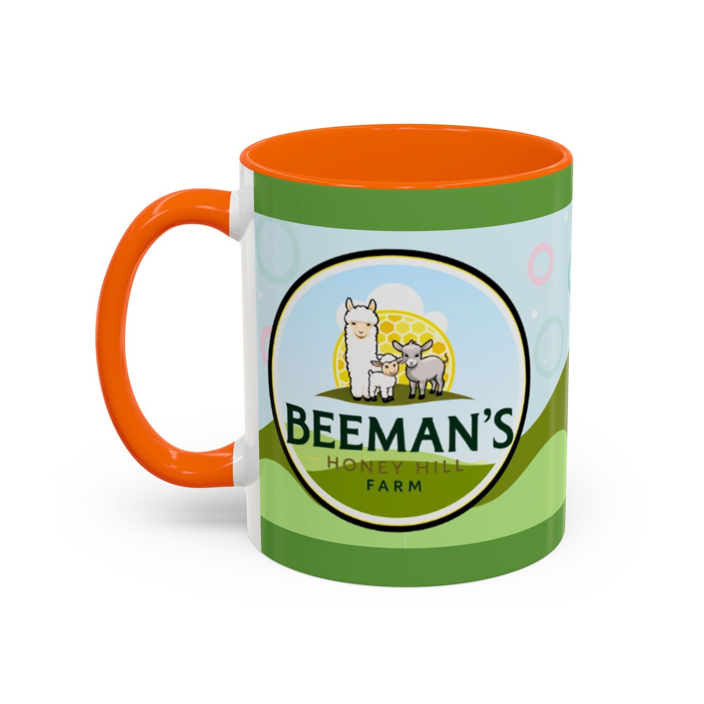 Coffee Mug - Beeman's Honey Hill Farm Logo featuring Chili Pie the Alpaca, Mini Donkey, and Sheep
