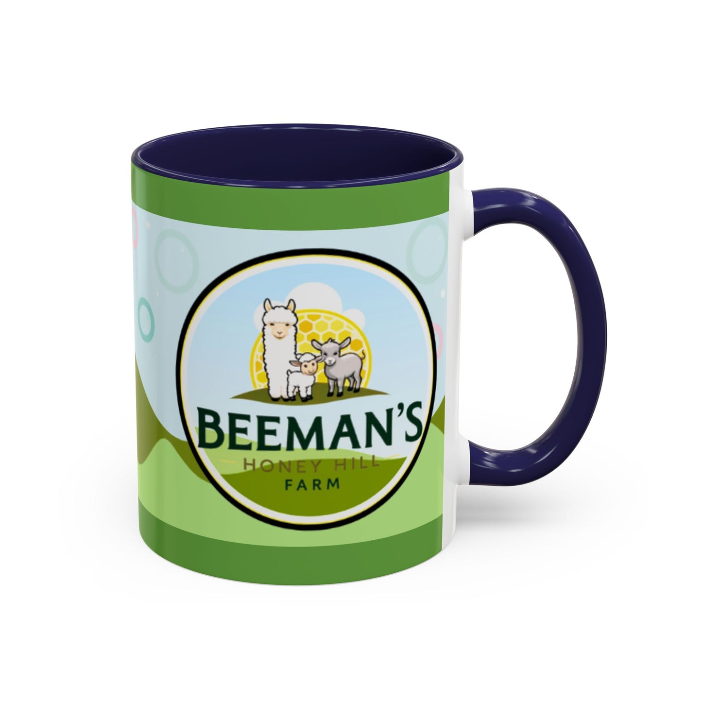 Coffee Mug - Beeman's Honey Hill Farm Logo featuring Chili Pie the Alpaca, Mini Donkey, and Sheep