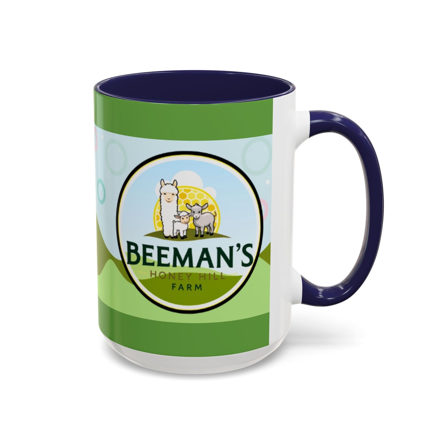 Coffee Mug - Beeman's Honey Hill Farm Logo featuring Chili Pie the Alpaca, Mini Donkey, and Sheep