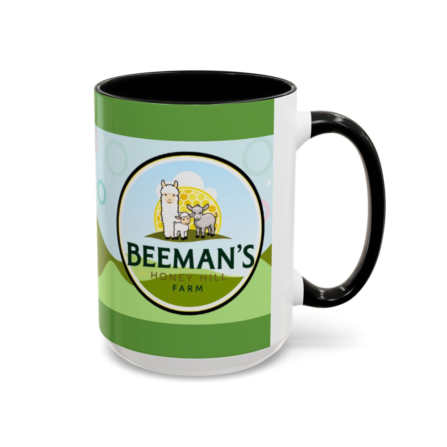 Coffee Mug - Beeman's Honey Hill Farm Logo featuring Chili Pie the Alpaca, Mini Donkey, and Sheep