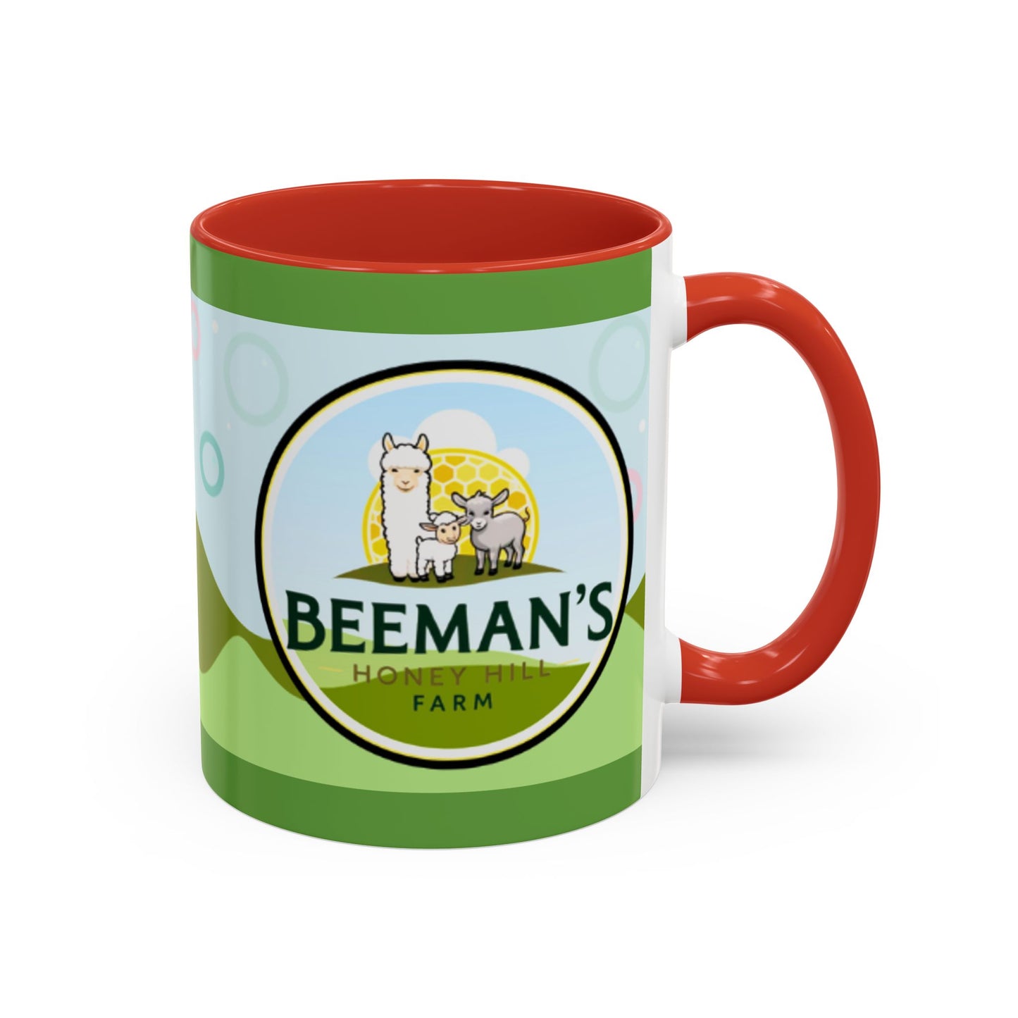 Coffee Mug - Beeman's Honey Hill Farm Logo featuring Chili Pie the Alpaca, Mini Donkey, and Sheep