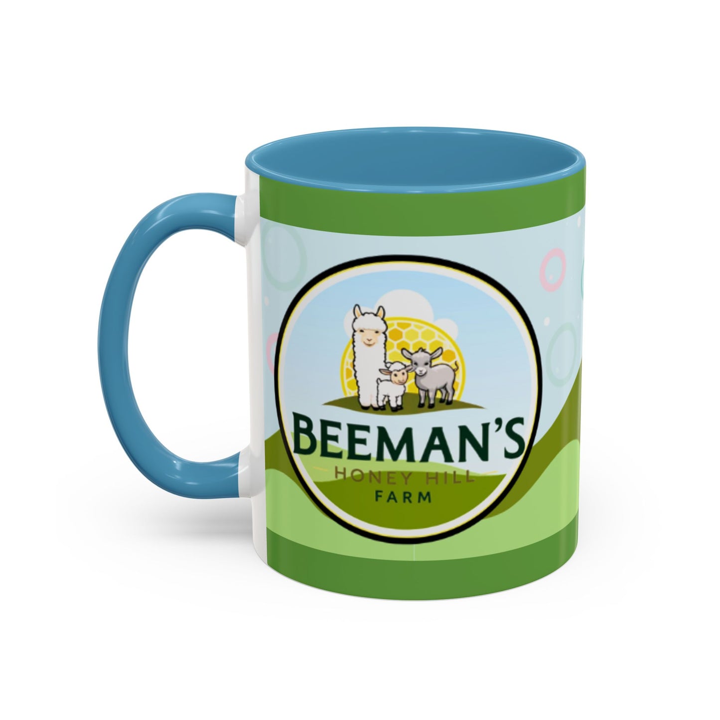 Coffee Mug - Beeman's Honey Hill Farm Logo featuring Chili Pie the Alpaca, Mini Donkey, and Sheep
