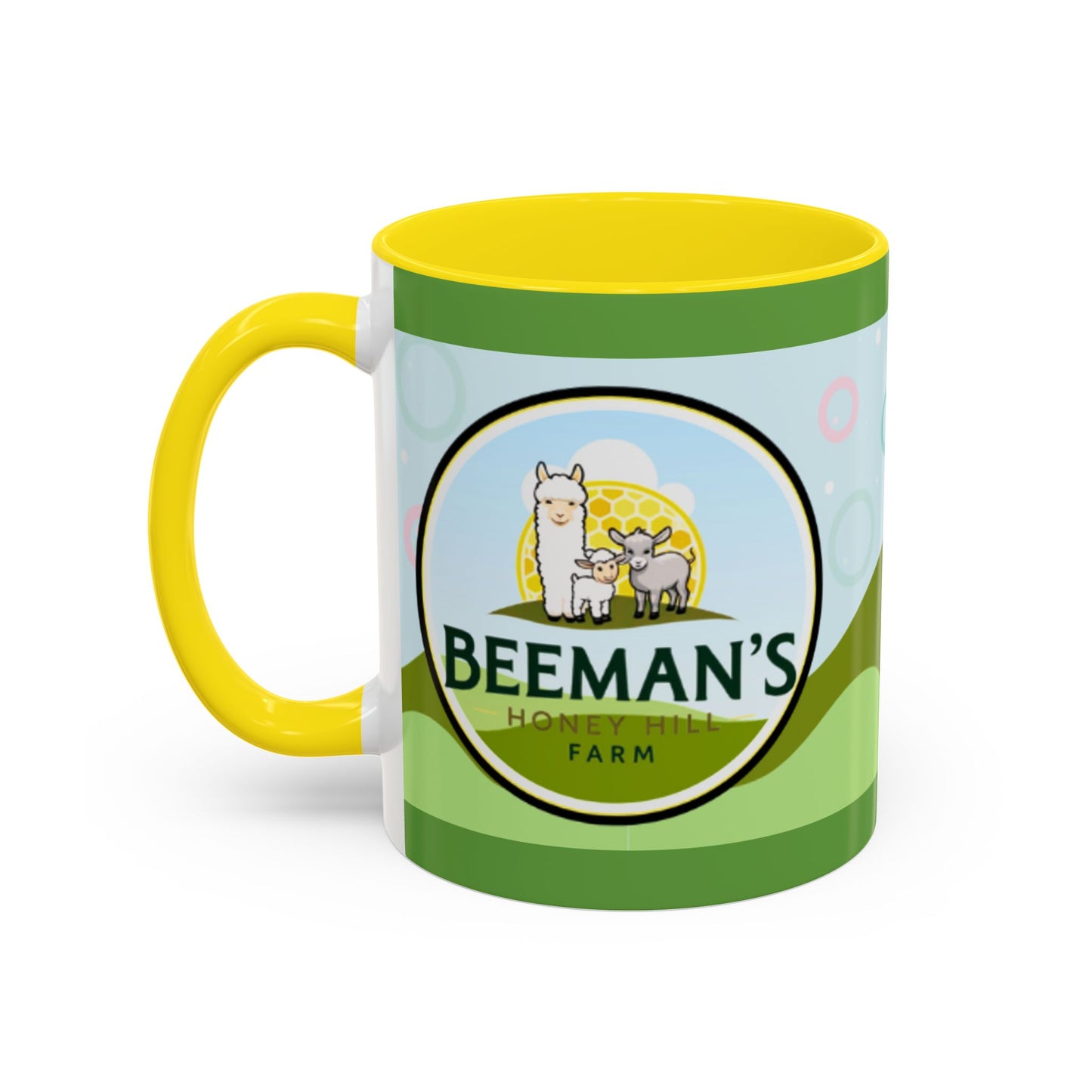 Coffee Mug - Beeman's Honey Hill Farm Logo featuring Chili Pie the Alpaca, Mini Donkey, and Sheep