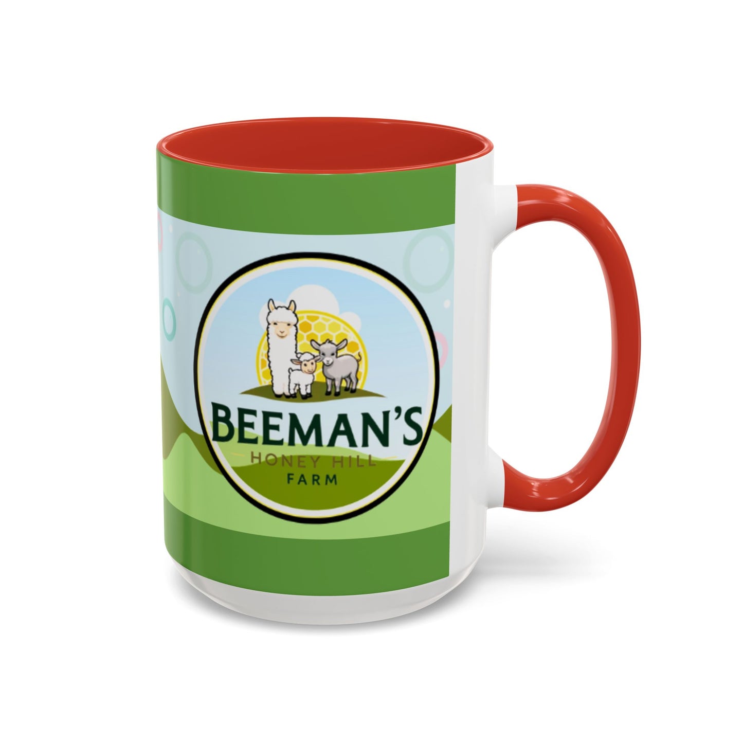 Coffee Mug - Beeman's Honey Hill Farm Logo featuring Chili Pie the Alpaca, Mini Donkey, and Sheep