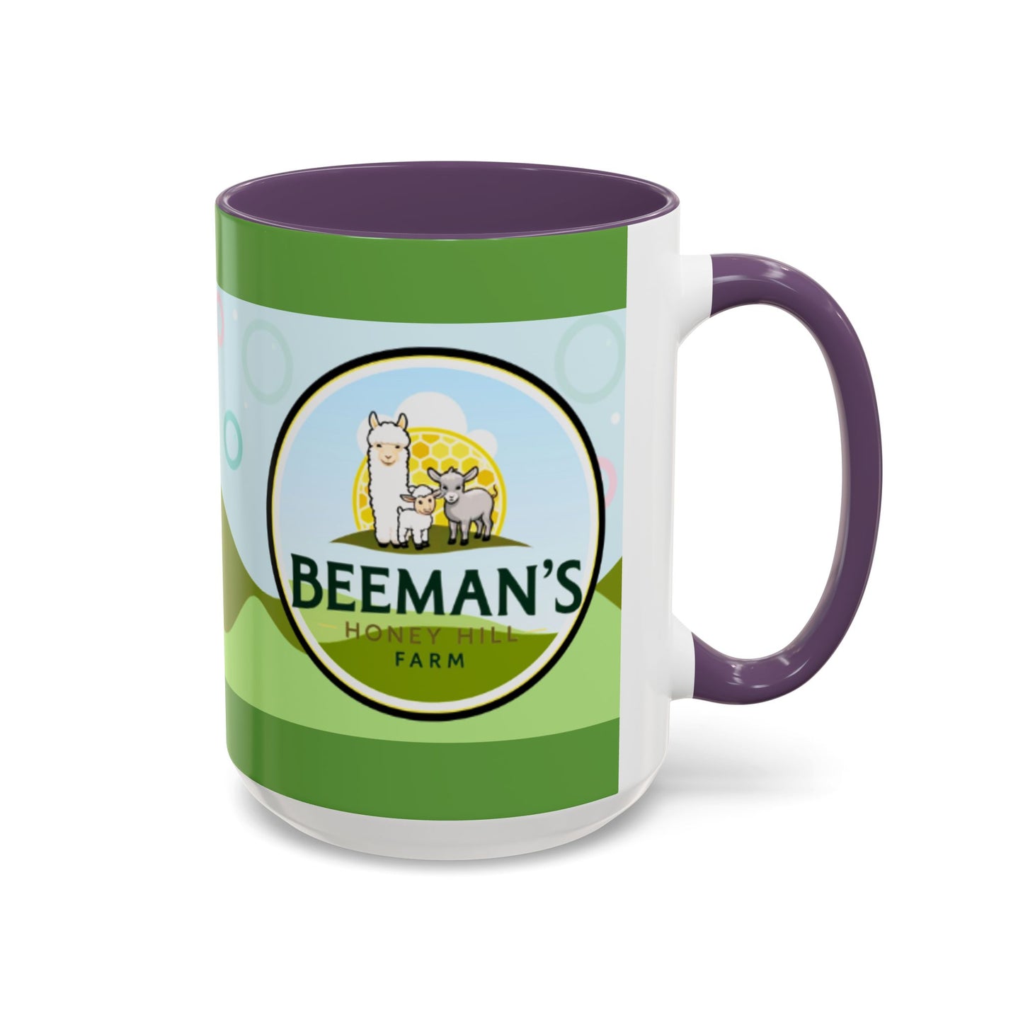 Coffee Mug - Beeman's Honey Hill Farm Logo featuring Chili Pie the Alpaca, Mini Donkey, and Sheep