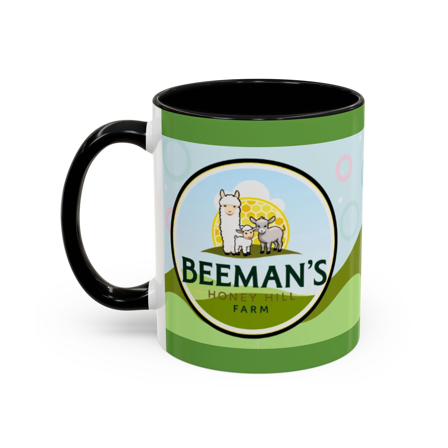 Coffee Mug - Beeman's Honey Hill Farm Logo featuring Chili Pie the Alpaca, Mini Donkey, and Sheep