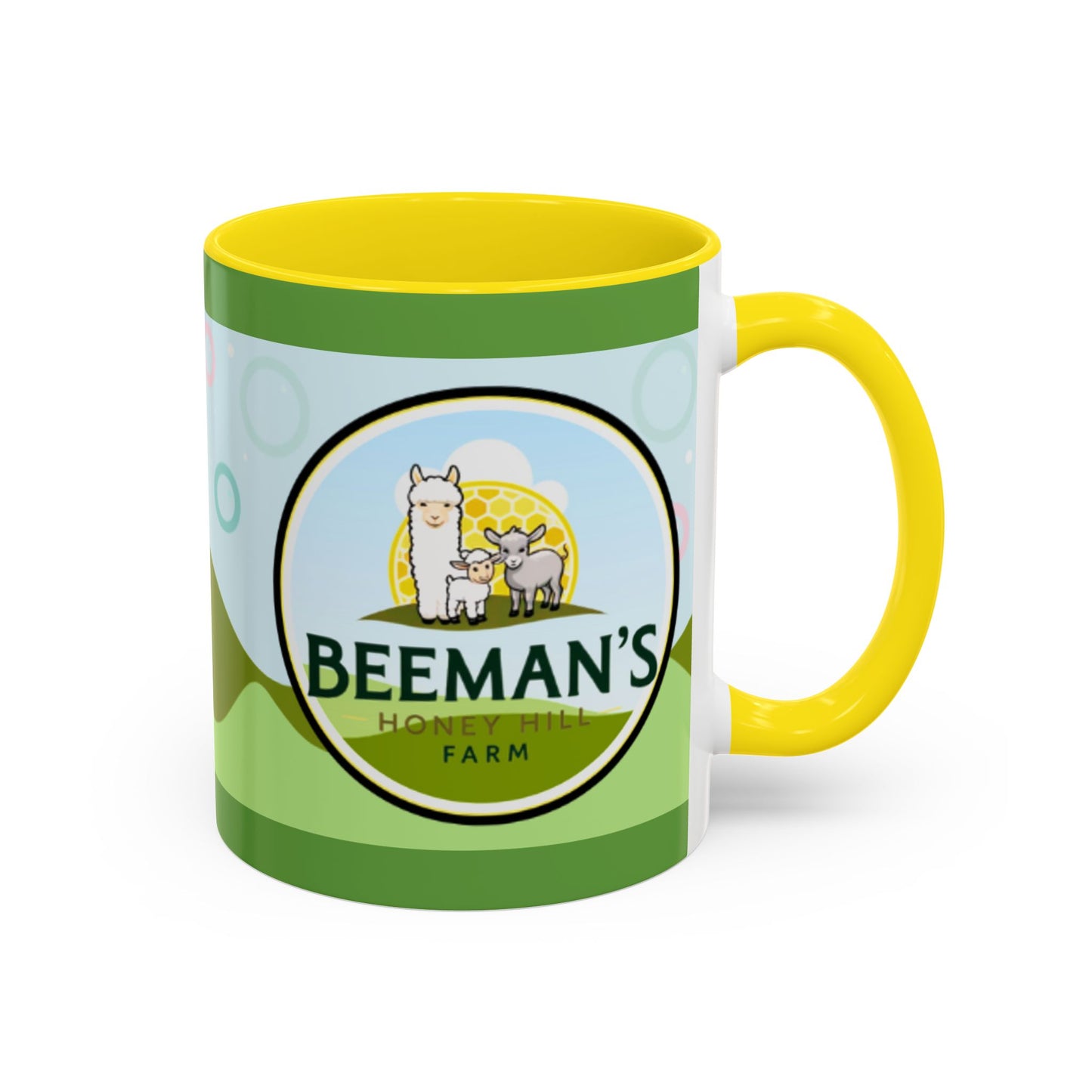 Coffee Mug - Beeman's Honey Hill Farm Logo featuring Chili Pie the Alpaca, Mini Donkey, and Sheep