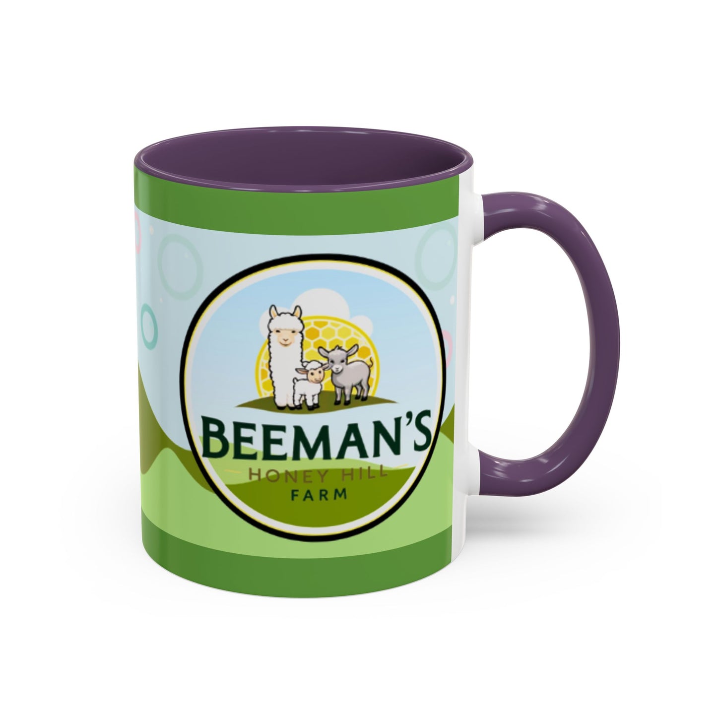 Coffee Mug - Beeman's Honey Hill Farm Logo featuring Chili Pie the Alpaca, Mini Donkey, and Sheep