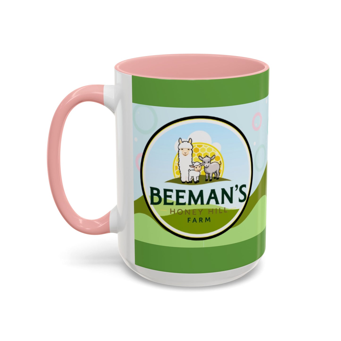 Coffee Mug - Beeman's Honey Hill Farm Logo featuring Chili Pie the Alpaca, Mini Donkey, and Sheep