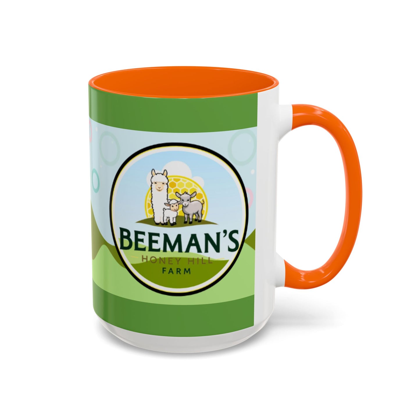 Coffee Mug - Beeman's Honey Hill Farm Logo featuring Chili Pie the Alpaca, Mini Donkey, and Sheep