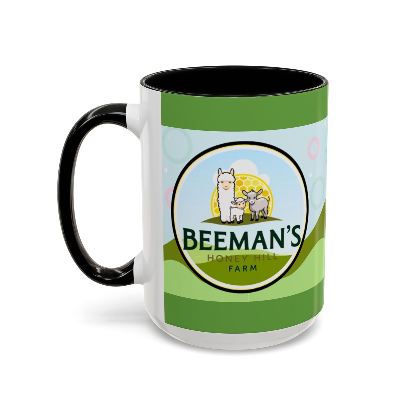 Coffee Mug - Beeman's Honey Hill Farm Logo featuring Chili Pie the Alpaca, Mini Donkey, and Sheep