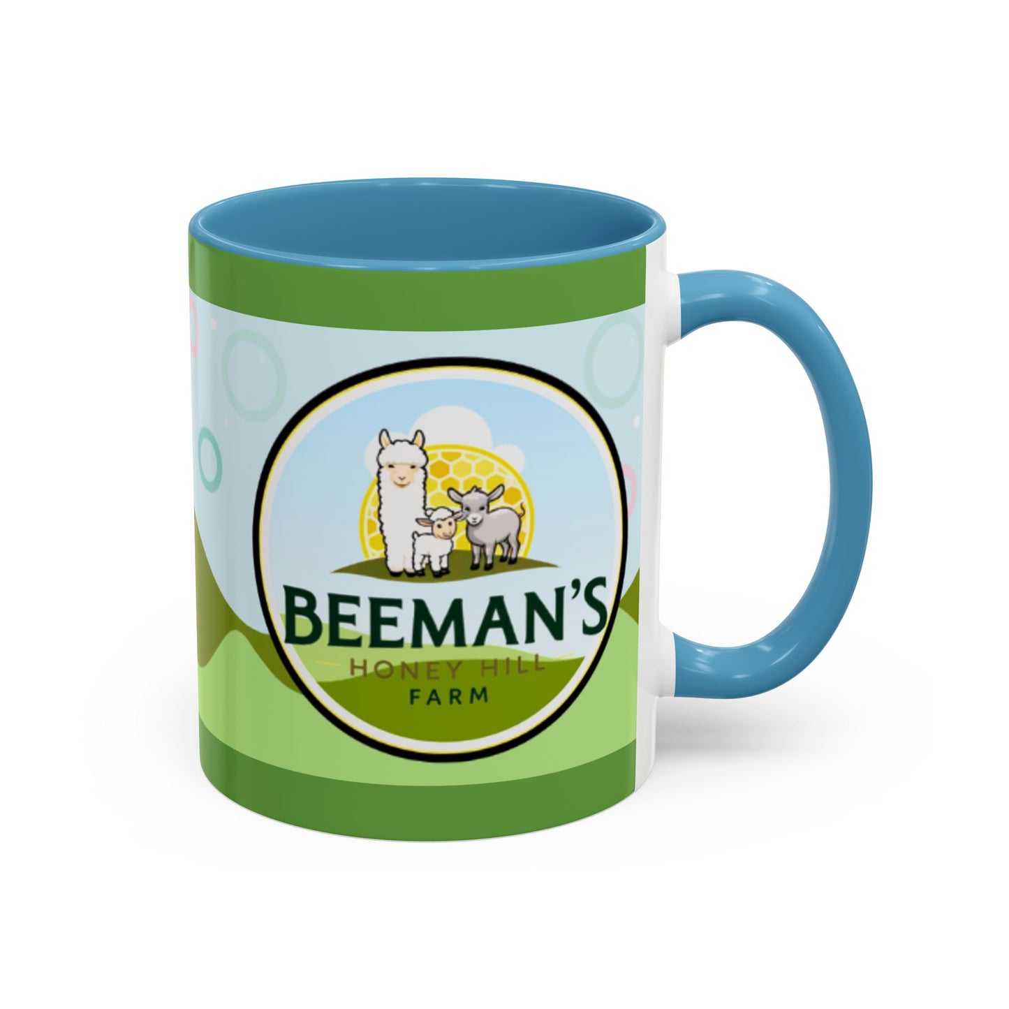 Coffee Mug - Beeman's Honey Hill Farm Logo featuring Chili Pie the Alpaca, Mini Donkey, and Sheep
