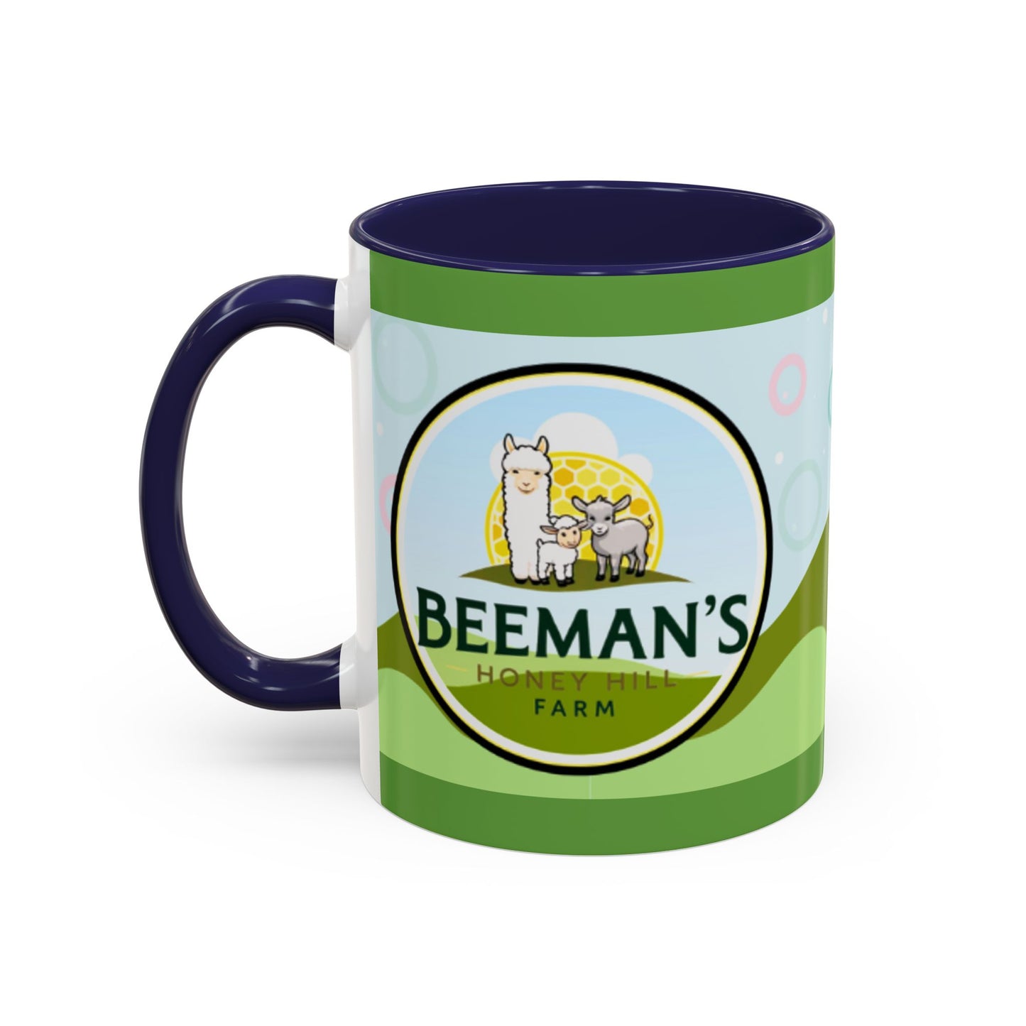 Coffee Mug - Beeman's Honey Hill Farm Logo featuring Chili Pie the Alpaca, Mini Donkey, and Sheep