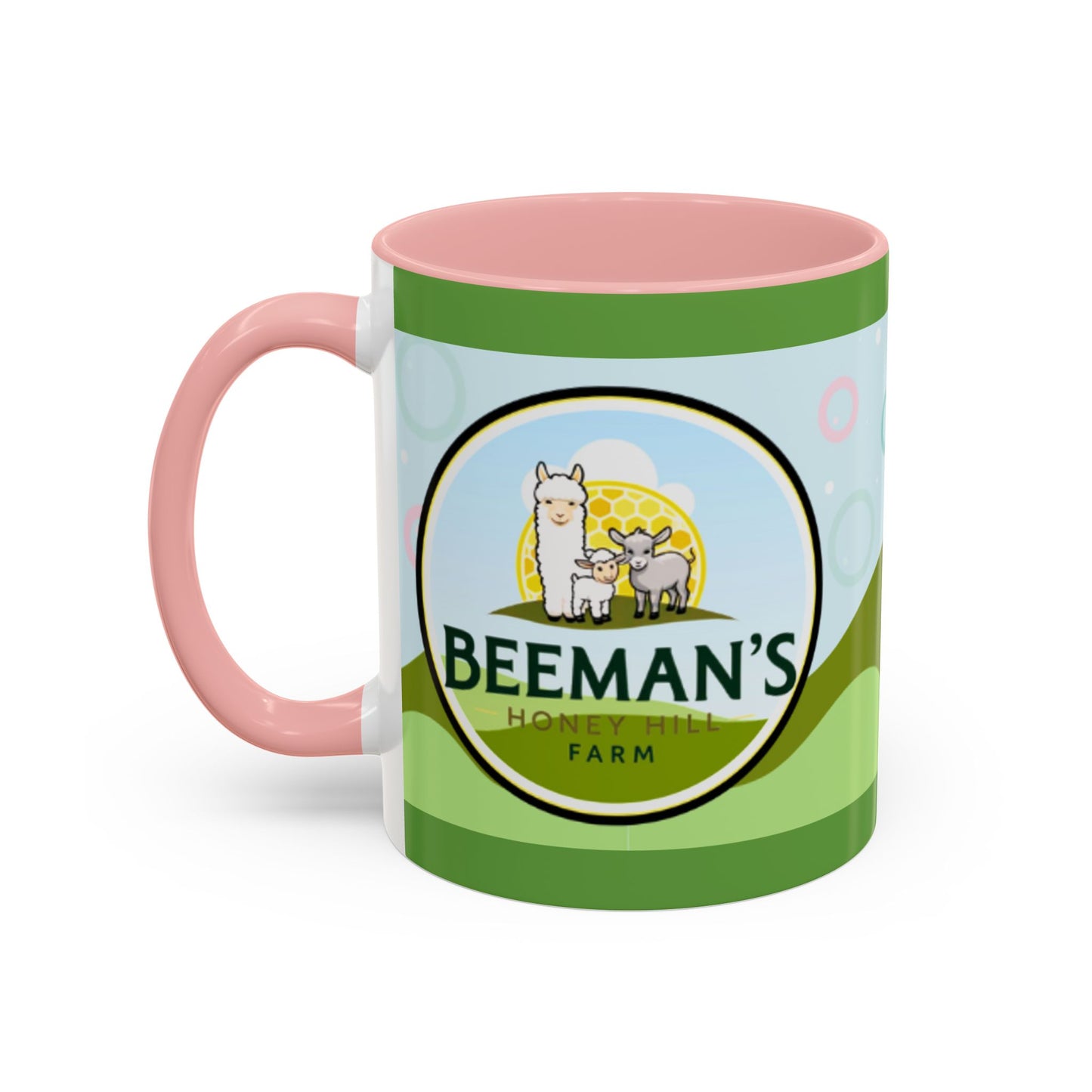 Coffee Mug - Beeman's Honey Hill Farm Logo featuring Chili Pie the Alpaca, Mini Donkey, and Sheep