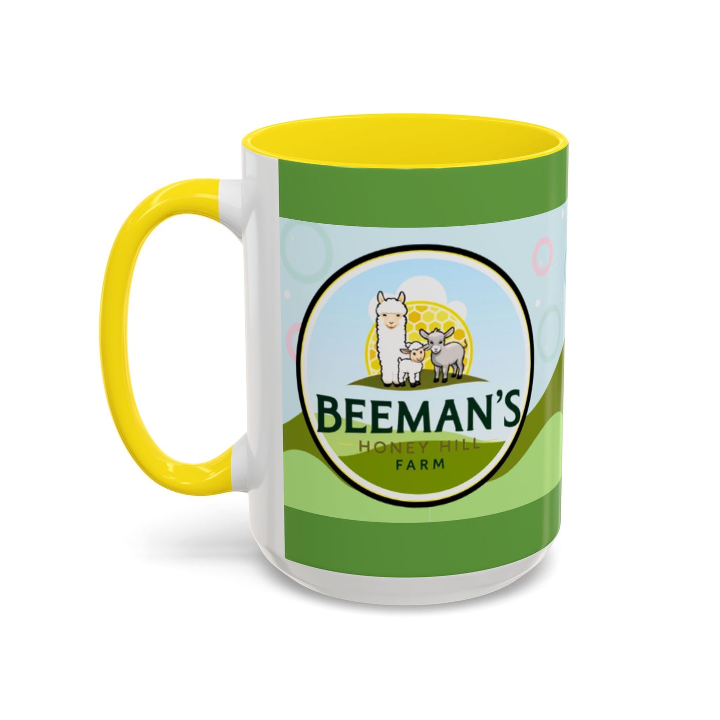 Coffee Mug - Beeman's Honey Hill Farm Logo featuring Chili Pie the Alpaca, Mini Donkey, and Sheep