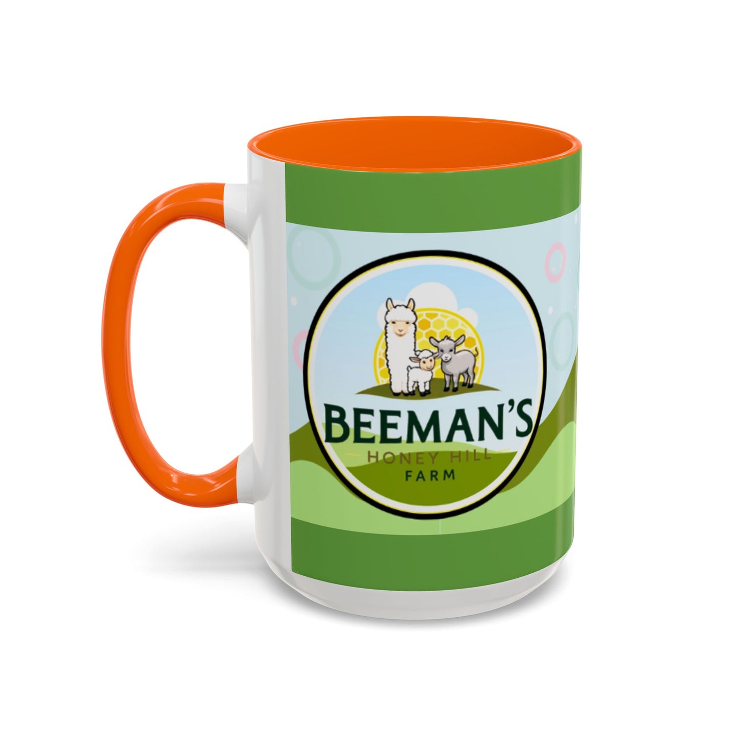 Coffee Mug - Beeman's Honey Hill Farm Logo featuring Chili Pie the Alpaca, Mini Donkey, and Sheep