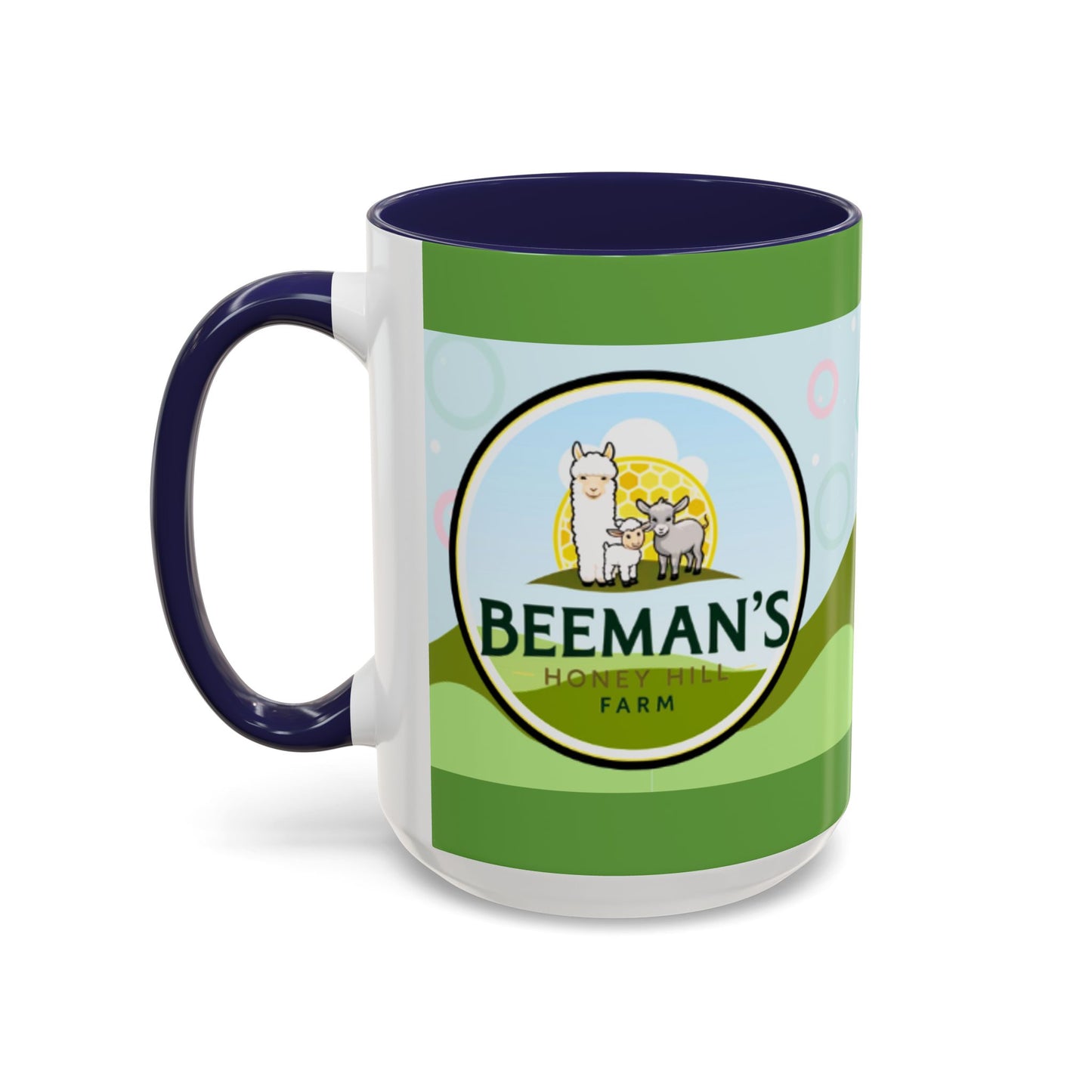 Coffee Mug - Beeman's Honey Hill Farm Logo featuring Chili Pie the Alpaca, Mini Donkey, and Sheep