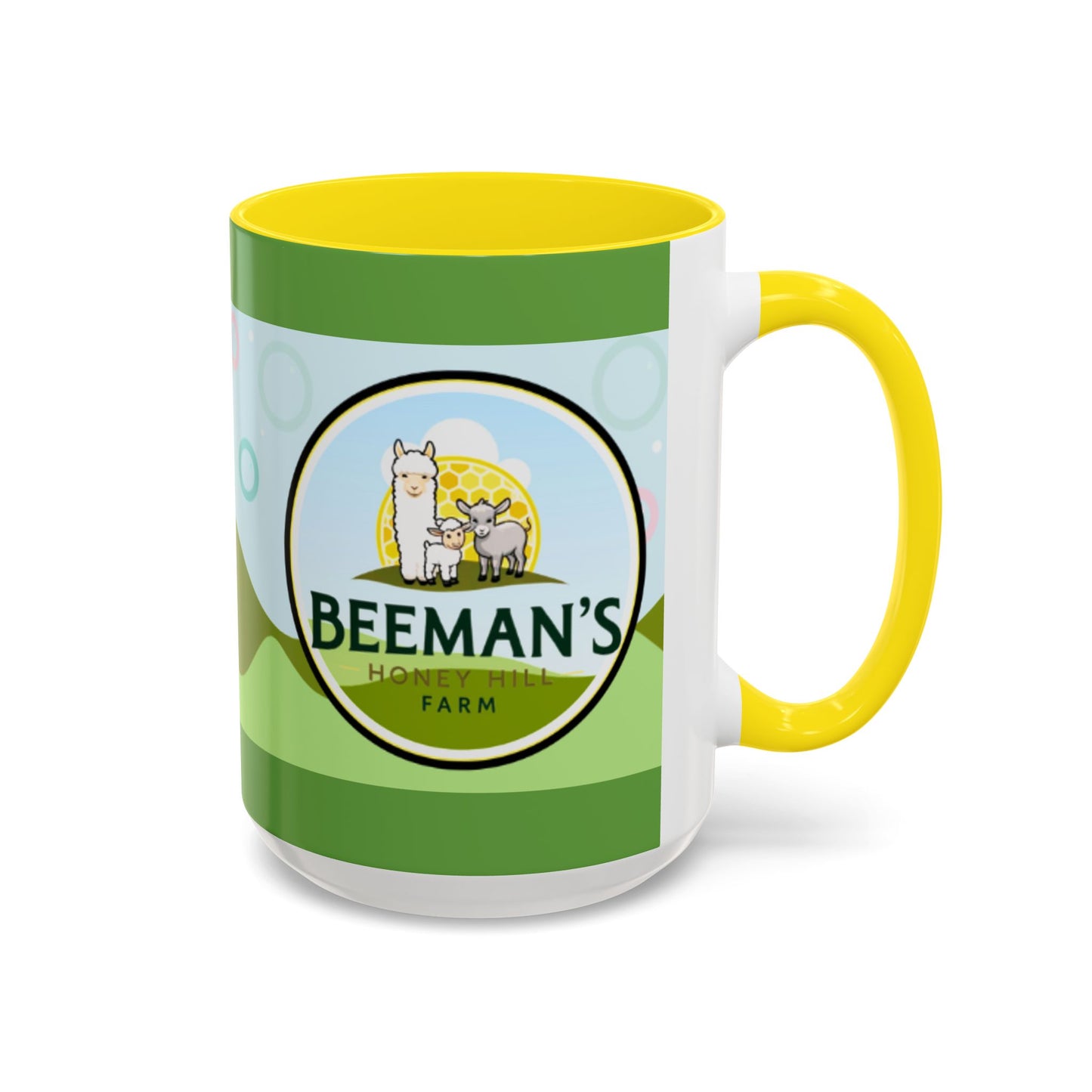 Coffee Mug - Beeman's Honey Hill Farm Logo featuring Chili Pie the Alpaca, Mini Donkey, and Sheep