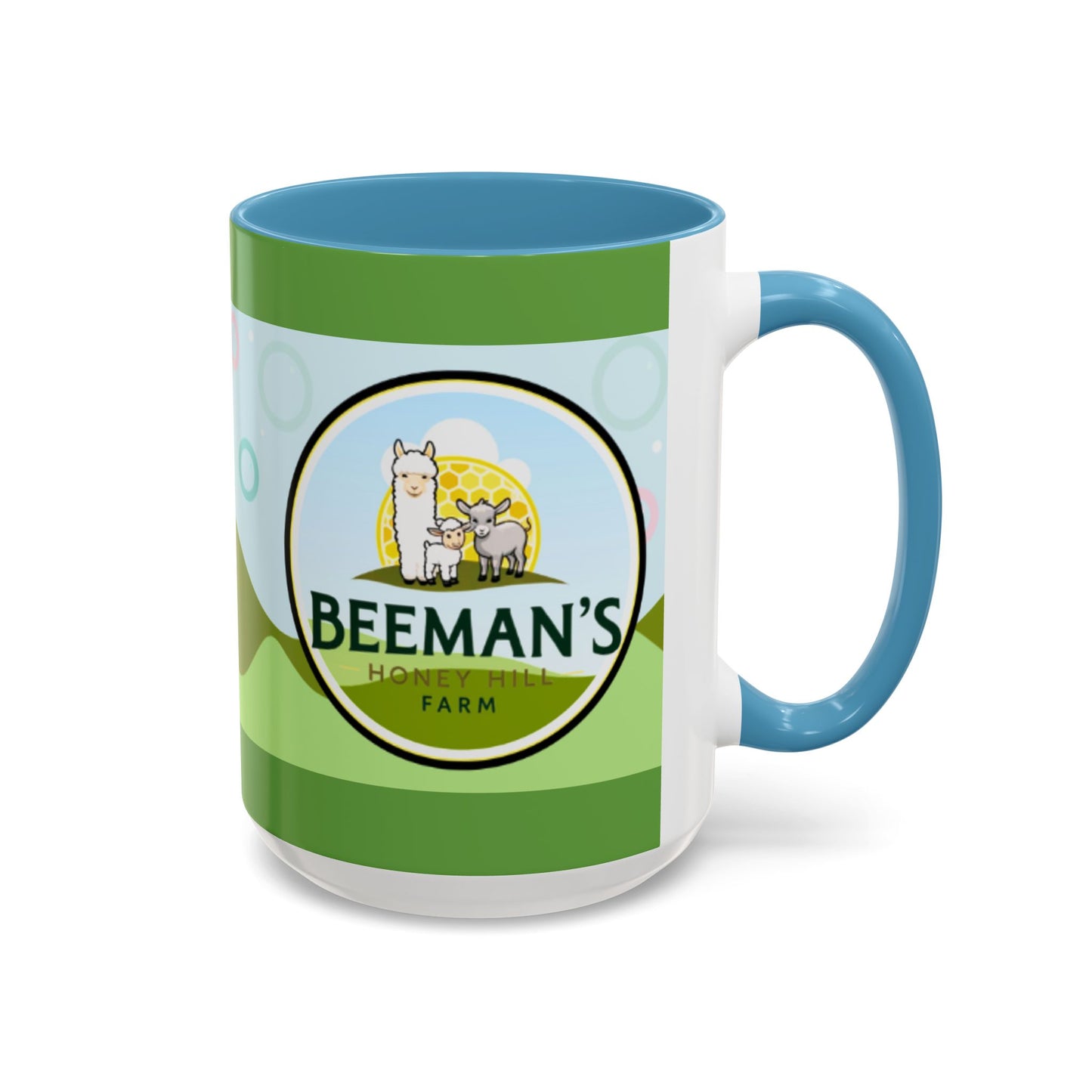 Coffee Mug - Beeman's Honey Hill Farm Logo featuring Chili Pie the Alpaca, Mini Donkey, and Sheep