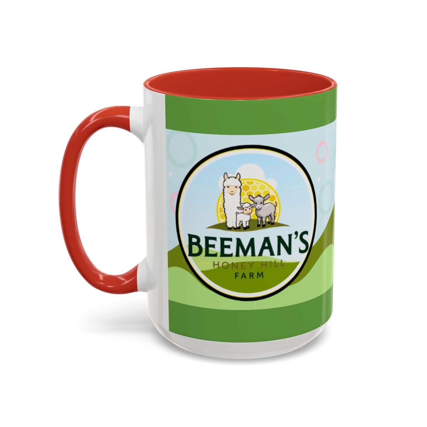 Coffee Mug - Beeman's Honey Hill Farm Logo featuring Chili Pie the Alpaca, Mini Donkey, and Sheep