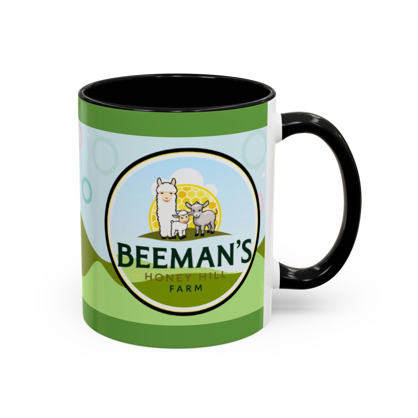 Coffee Mug - Beeman's Honey Hill Farm Logo featuring Chili Pie the Alpaca, Mini Donkey, and Sheep