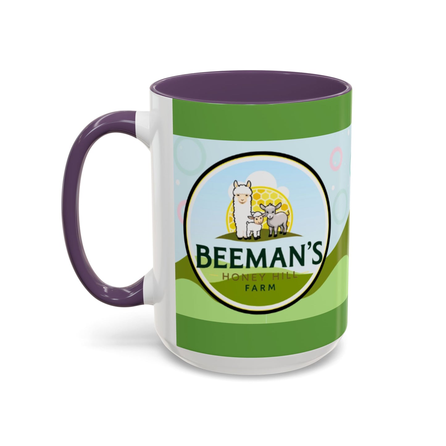 Coffee Mug - Beeman's Honey Hill Farm Logo featuring Chili Pie the Alpaca, Mini Donkey, and Sheep