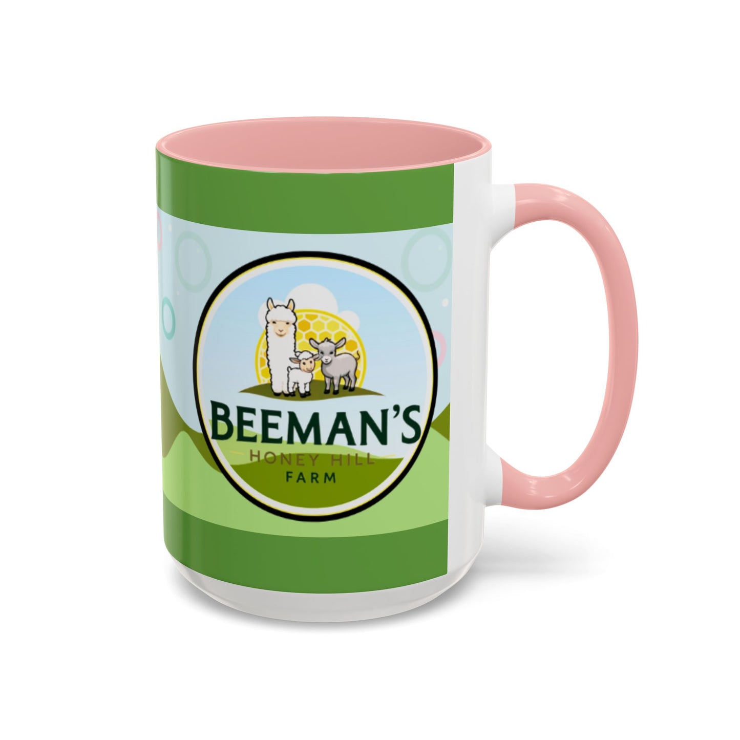 Coffee Mug - Beeman's Honey Hill Farm Logo featuring Chili Pie the Alpaca, Mini Donkey, and Sheep