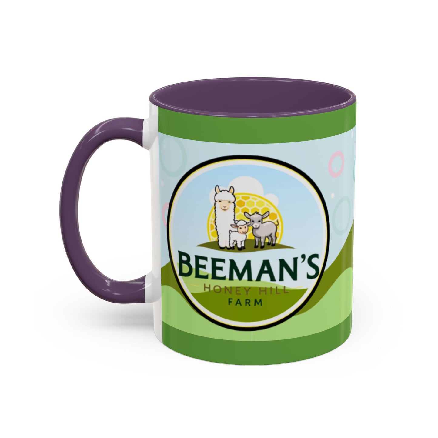 Coffee Mug - Beeman's Honey Hill Farm Logo featuring Chili Pie the Alpaca, Mini Donkey, and Sheep