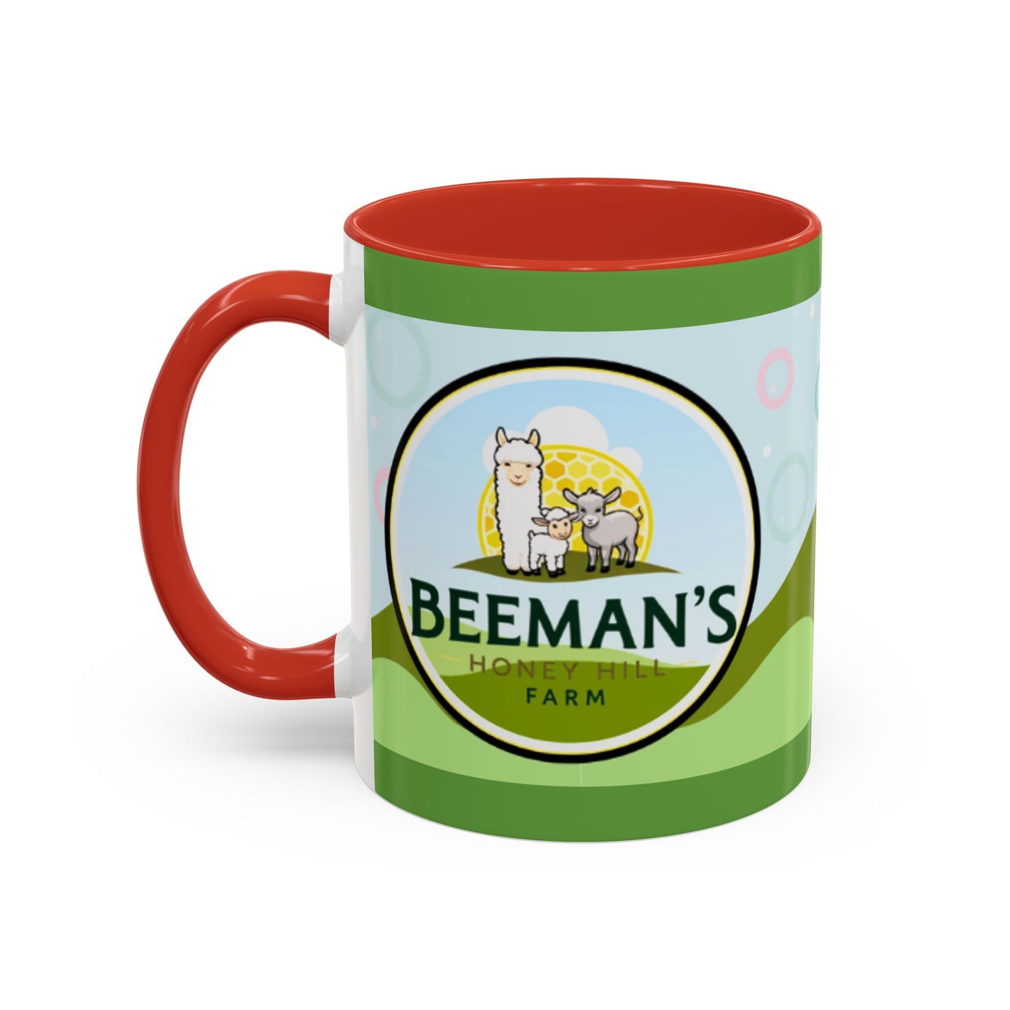 Coffee Mug - Beeman's Honey Hill Farm Logo featuring Chili Pie the Alpaca, Mini Donkey, and Sheep